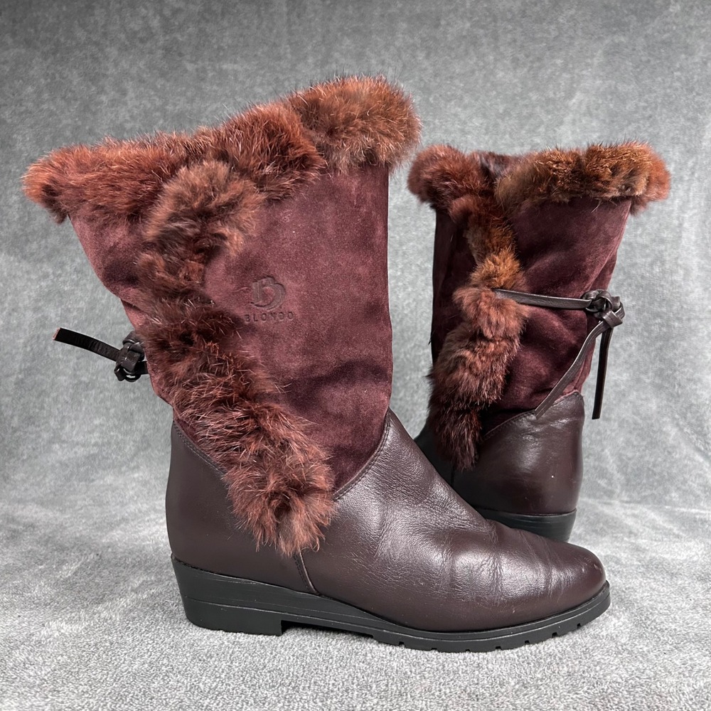 Blondo Boots Burgundy Suede Fur Trim Winter Brown Wedge Women's 7.5 B